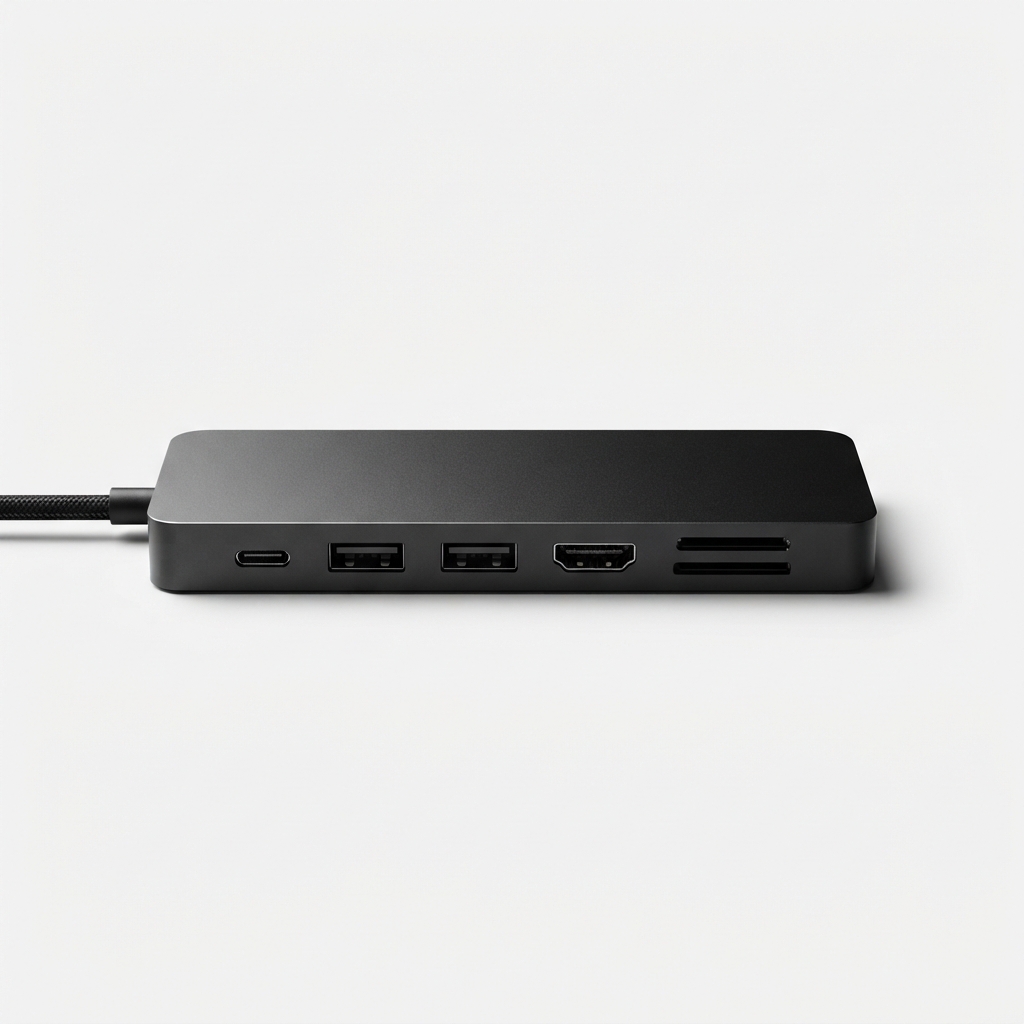 Black USB-C power hub for studio gear